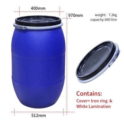 o azul do HDPE 160L rufa recipientes químicos plásticos com anel da aro do ferro