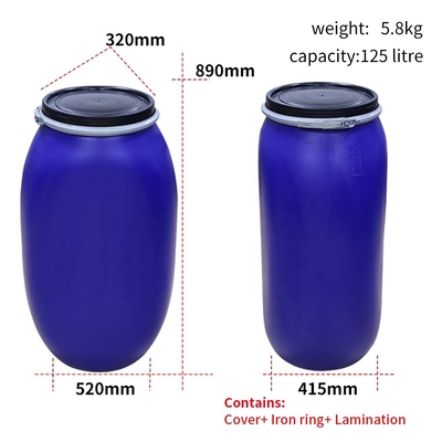 cilindro superior aberto do HDPE 125L plástico químico com anel da aro do ferro 80 graus