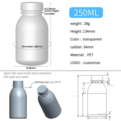 Garrafas plásticas 250ml 28g do ANIMAL DE ESTIMAÇÃO plástico claro dos produtos 34mm do agregado familiar