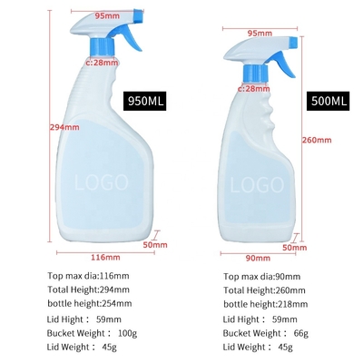 Garrafa plástica detergente do pulverizador do PE do limpador com bocal 950ml 500ml
